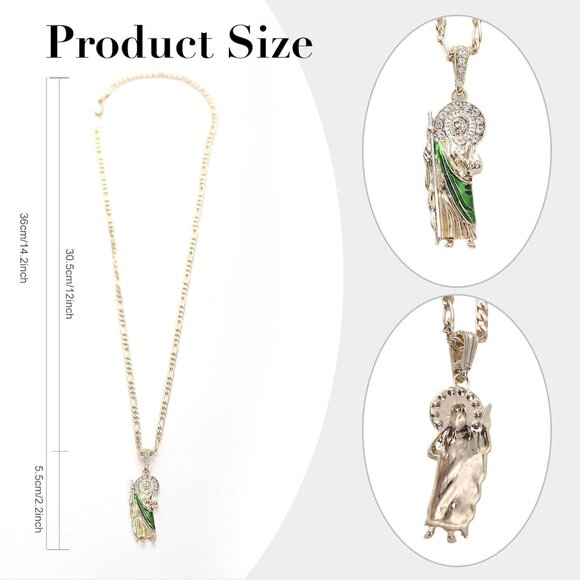 Gold Plated Green Saint Jude Pendant Necklace Figaro 24" San Judas Tadeo Medalla - Picture 2 of 7